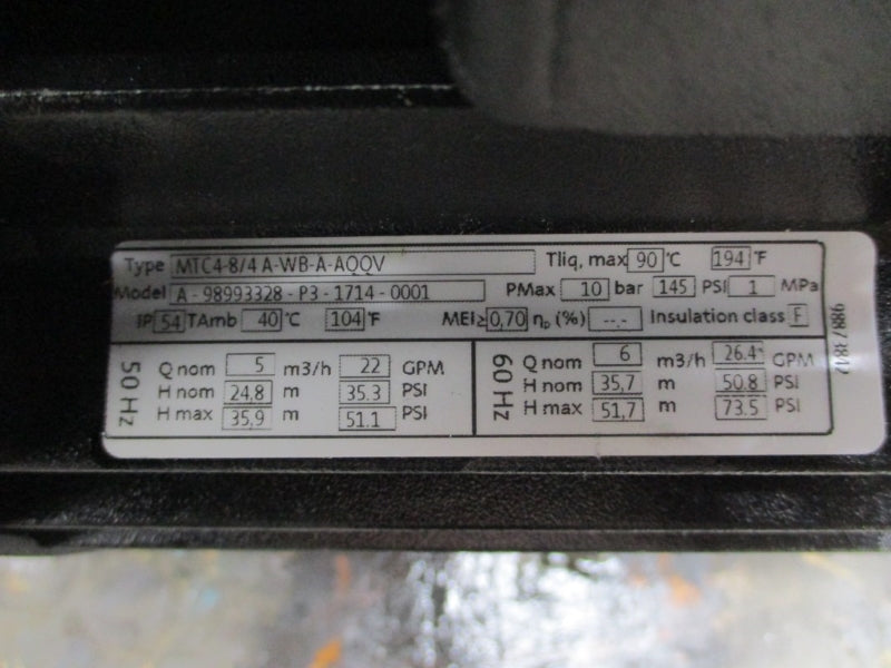 GRUNDFOS A-98993328-P3-1714-0001 208-230/460V 4.70-4.60/2.30A 145PSI NSNP