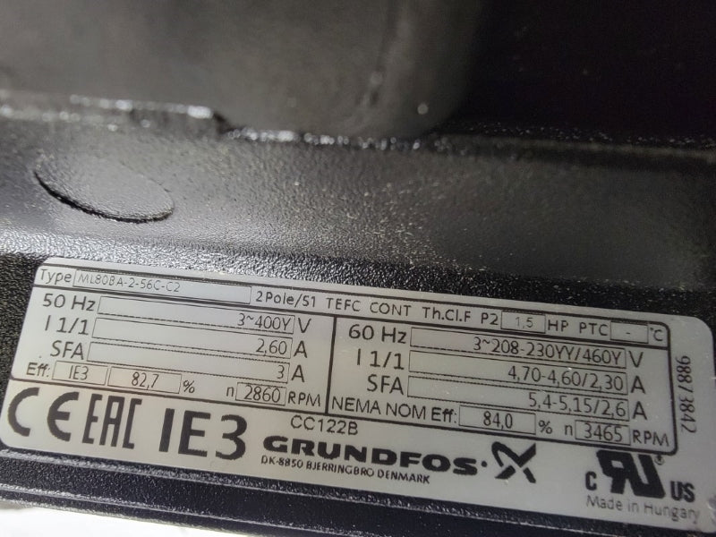 GRUNDFOS A-98993328-P3-1714-0001 208-230/460V 4.70-4.60/2.30A 145PSI NSNP