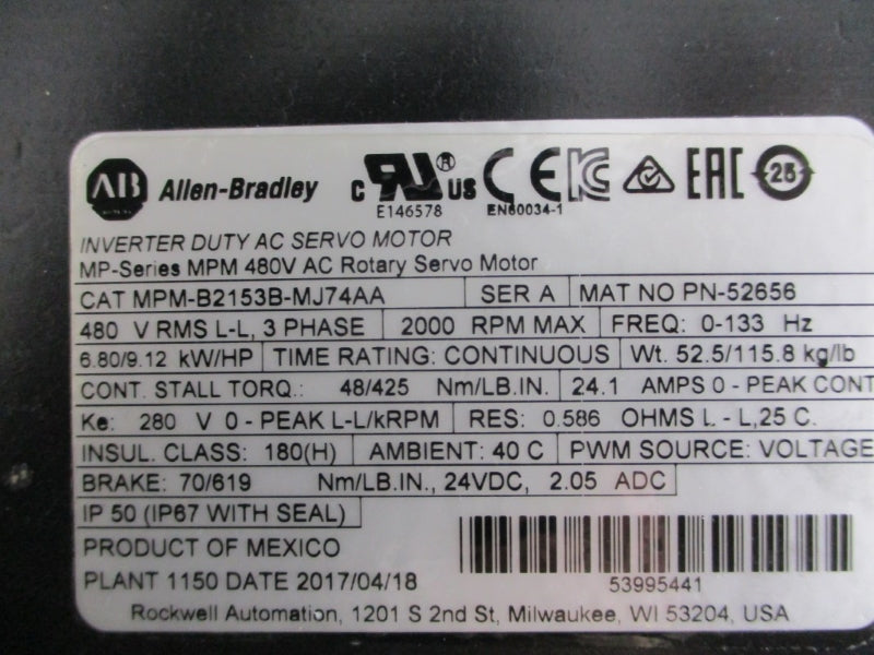 ALLEN BRADLEY MPM-B2153B-MJ74AA SER. A 480VAC 24.1A NSMP