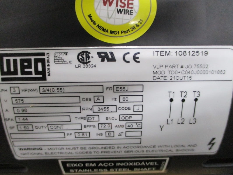 MYERS QP7-53 W/ WEG 10812519 TO0+C040J0000101862 575V 0.96A NSNP