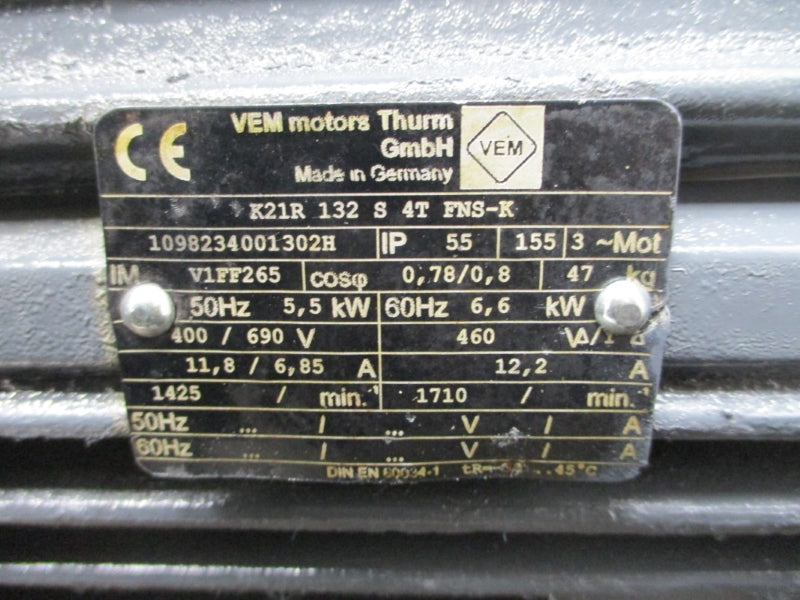 VEM MOTORS K21R132S4TFNS-K 1098234001302H 460V 12.2A NSNP