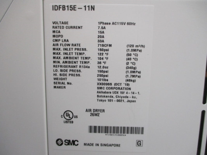 SMC IDFB15E-11N 115VAC 33A 250PSI 122'F NSMP