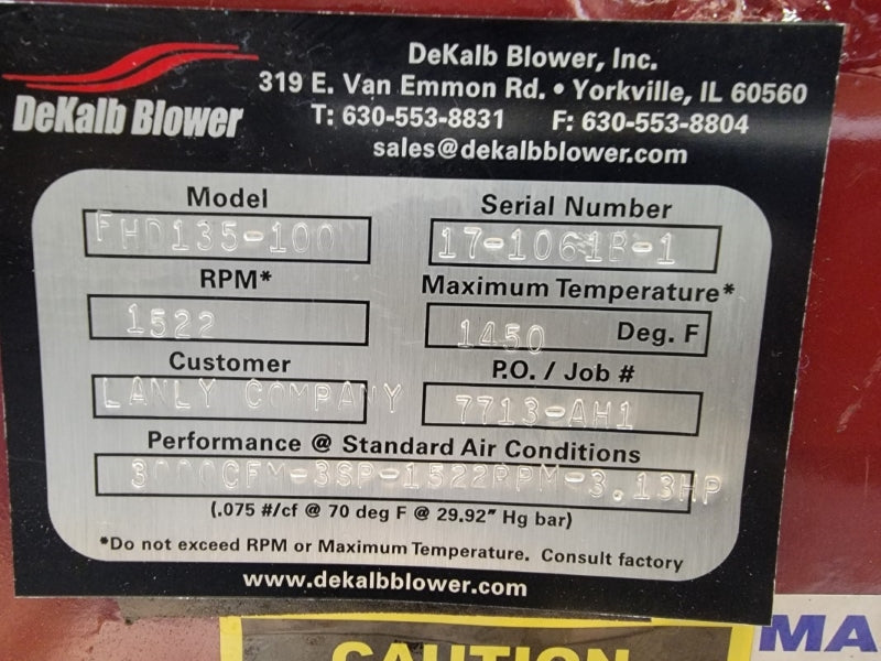 DEKALB BLOWER FHD135-100 W/ BALDOR RELIANCE EM3661T 230/460V 8.2/4.1A NSMP