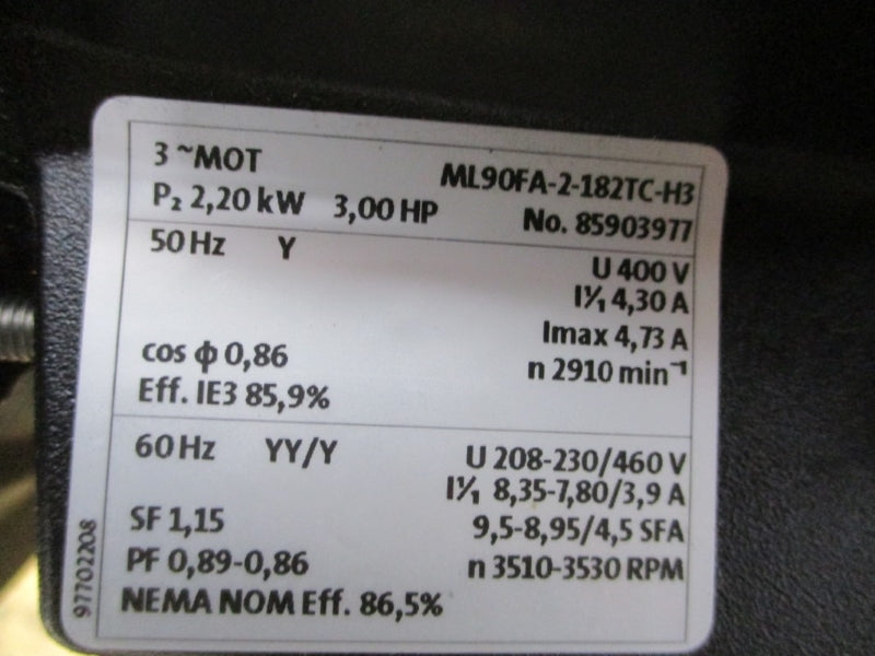 GRUNDFOS ML90FA-2-182TC-H3 208-230/460V 9.5-8.95/4.5A NSNP
