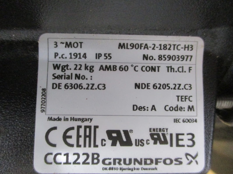 GRUNDFOS ML90FA-2-182TC-H3 208-230/460V 9.5-8.95/4.5A NSNP