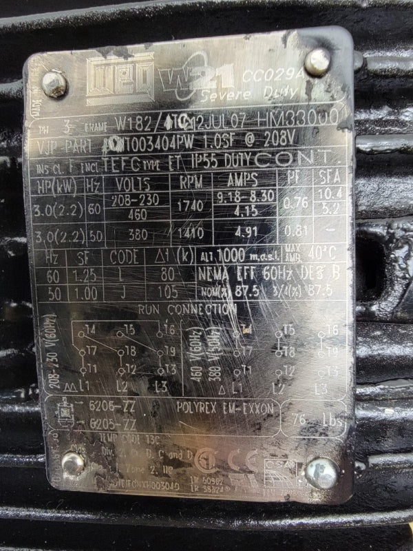 WEG W182/4T T003404PW 208-230/460V 9.18-8.30/4.15-4.91A NSNP