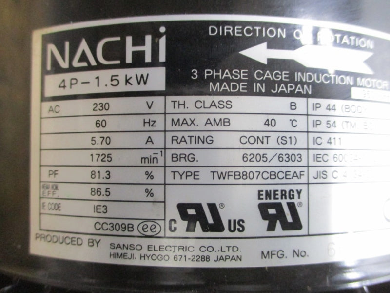 NACHI UVN-1A-0A4-1.5E-4M-12U W/ TWFB807CBCEAF 230VAC 5.70A NSNP