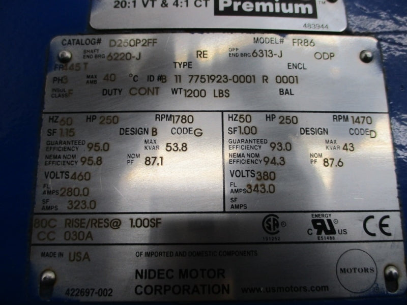NIDEC US MOTORS FR86 D250P2FF 460V 280.0A NSNP