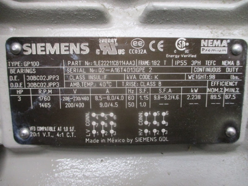 SIEMENS GP100 1LE22211CB114AA3 208-230/460V 9.0/4.5A NSNP