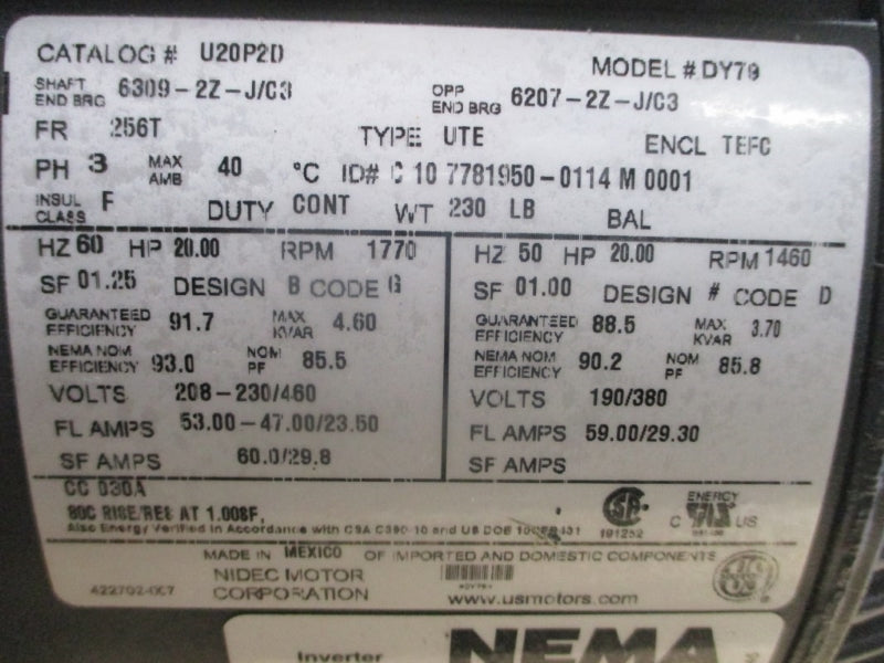 US MOTORS U20P2D DY79 208-230/460V 53.00/47.00/23.50A NSNP