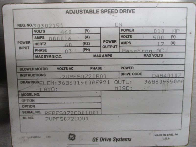 GENERAL ELECTRIC 7VPFS072CD01 460V 17A NSNP