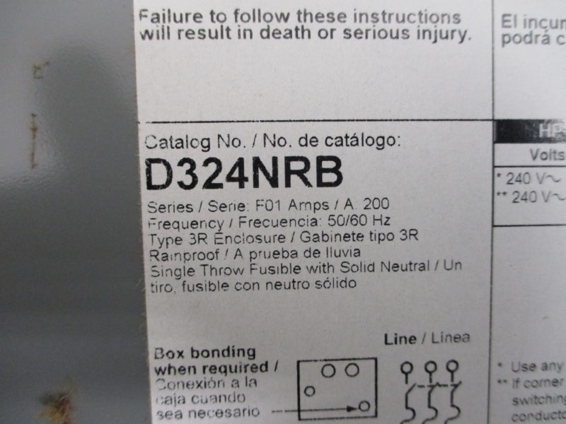 SQUARE D D324NRB SER. F01 240V 200A NSMP