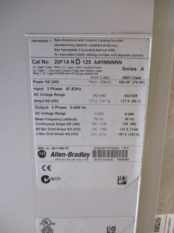 ALLEN BRADLEY 20F1AND125AA0NNNNN SER. A F/W 1.011 480V 117.4A NSMP