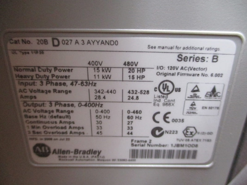 ALLEN BRADLEY 20BD027A3AYYAND0 SER. B F/W 6.002 480VAC 27A NSMP