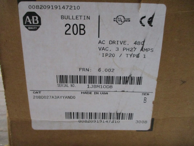 ALLEN BRADLEY 20BD027A3AYYAND0 SER. B F/W 6.002 480VAC 27A NSMP