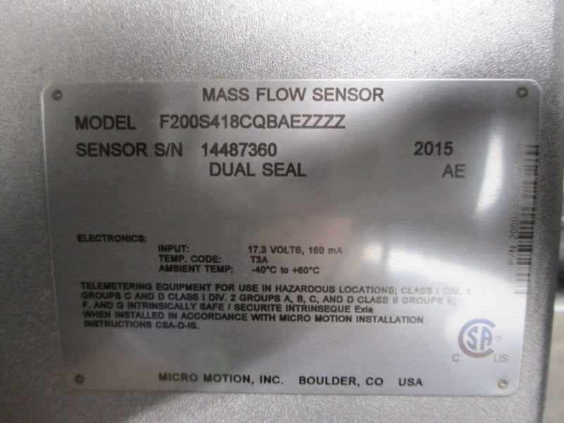MICRO MOTION F200S418CQBAEZZZZ 17.3V -40'-+60'C NSNP