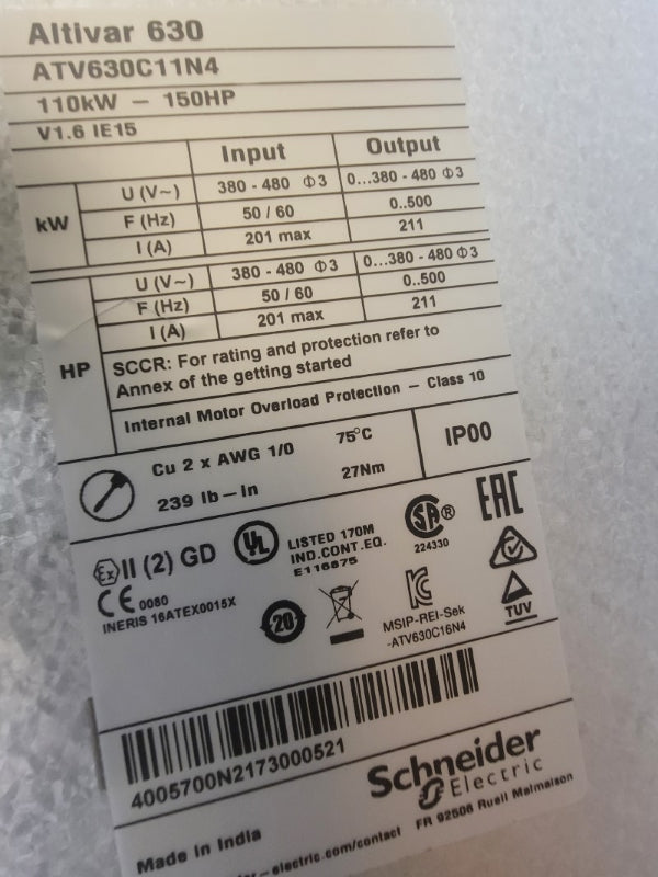 SCHNEIDER ELECTRIC ATV630C11N4 380-480V 211A NSMP