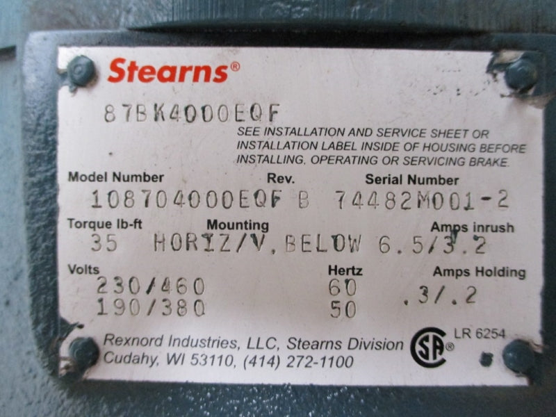BALDOR 07M998W747G1 W/ STEARNS 87BK4000EQF 230/460V 11/5.5A NSMP
