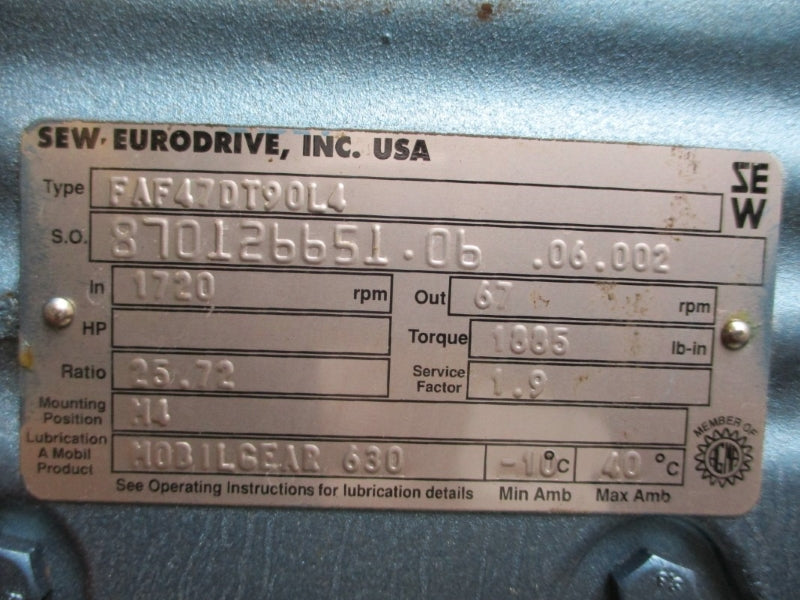 SEW-EURODRIVE FAF47DT90L4 230/460V 6.2/3.10A NSMP
