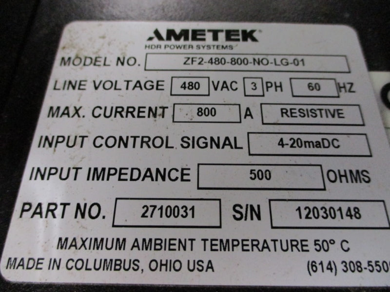 AMETEK ZF2-480-800-NO-LG-01 2710031 480VAC 800A NSNP