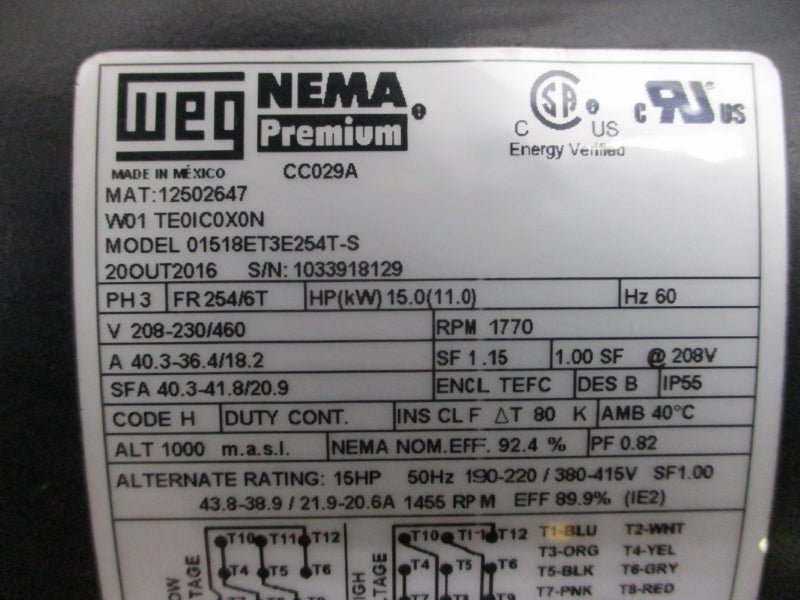WEG 12502647 01518ET3E254T-S 208-230/460V 40.3-41.8/20.9A NSMP