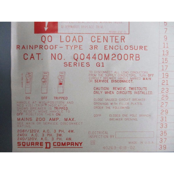 SQUARE D QO440M200RB SER. G1 240VAC 200A NSNP
