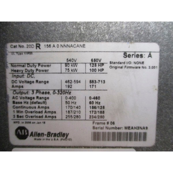 ALLEN BRADLEY 20DR156A0NNNACANE SER. A F/W 3.001 650VDC 171A NSNP