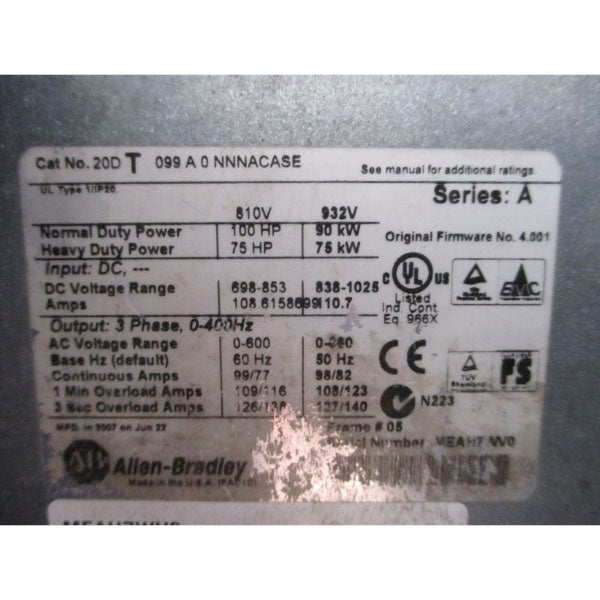 ALLEN BRADLEY 20DT099A0NNACASE SER. A F/W 4.001 932VDC 110.7A UNMP