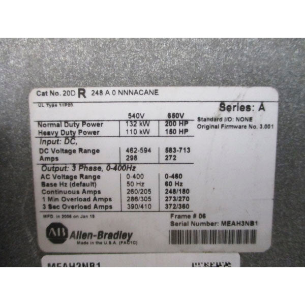 ALLEN BRADLEY 20DR248A0NNNACANE SER. A F/W 3.001 650VDC 272A NSNP