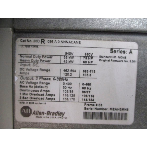 ALLEN BRADLEY 20DR096A0NNNACANE SER. A F/W 3.001 650VDC 105.3A NSNP