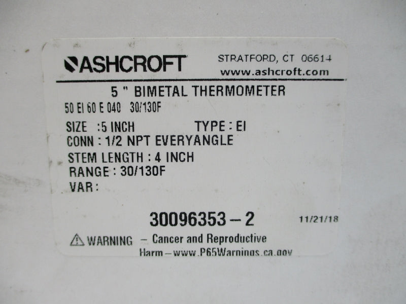 ASHCROFT 50EI60E040 30/130'F 5" STEM4 NSMP