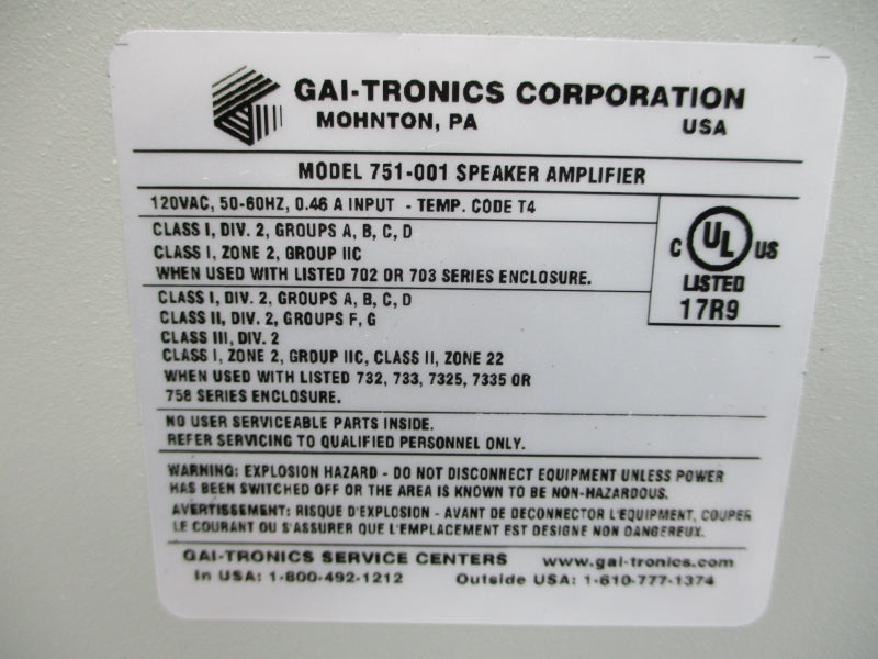 GAI-TRONICS 751-001 120VAC 0.46A NSMP
