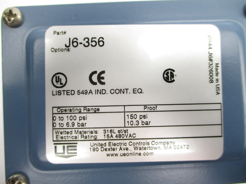 UNITED ELECTRIC J6-356 480VAC 15A 0-100PSI NSNP