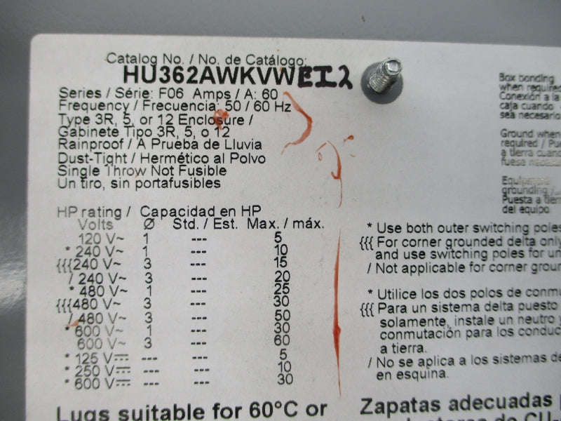 SQUARE D HU362AWKVWEI2 SER. F06 600VAC 60A NSMP