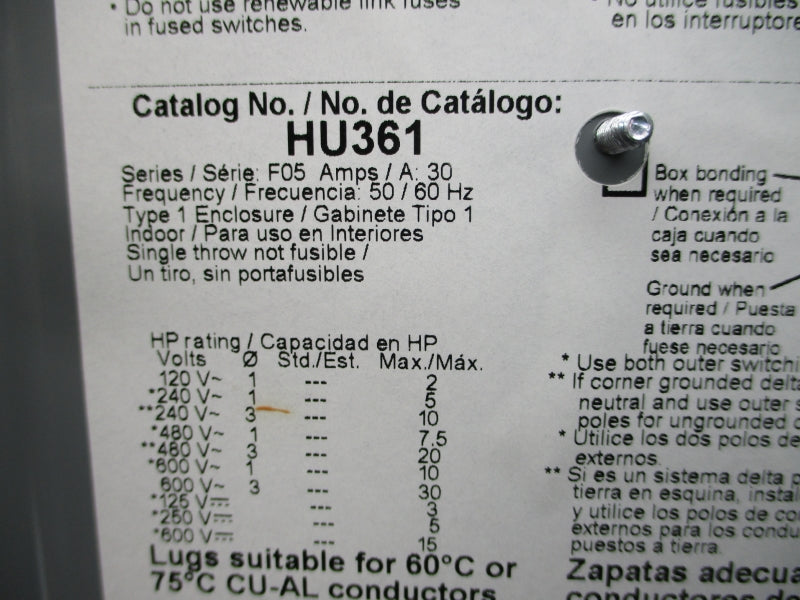 SQUARE D HU361 SER. F05 600V 30A NSMP