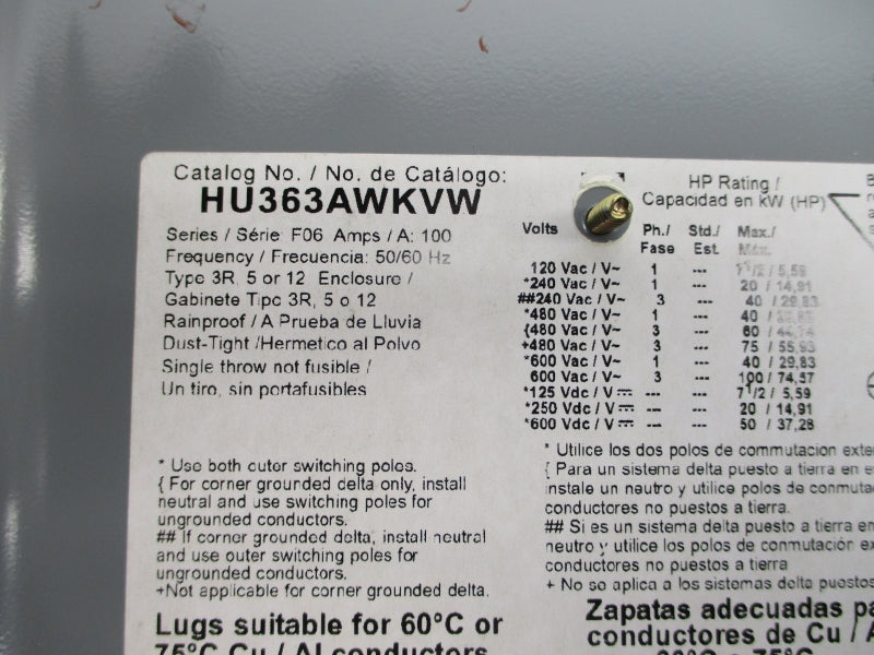SQUARE D HU363AWKVWEI2 SER. F06 600VAC 100A NSMP