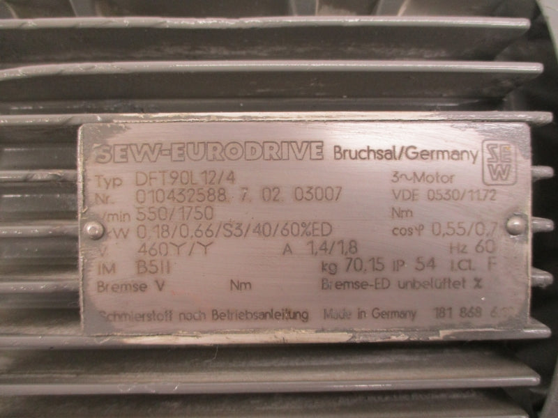 SEW EURODRIVE DFT90L12/4 460V 1.4/1.8A NSNP