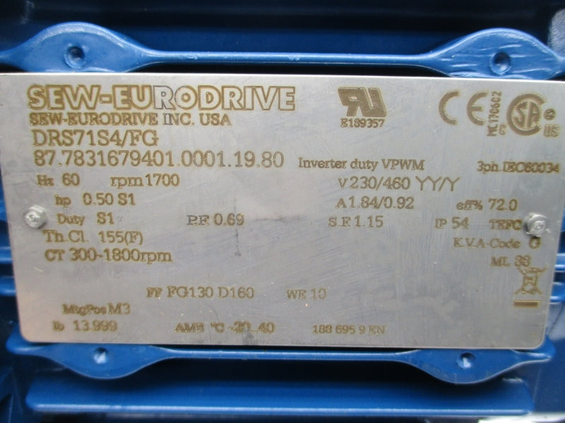 SEW EURODRIVE DRS71S4/FG 230/460V 1.84/0.92A NSNP