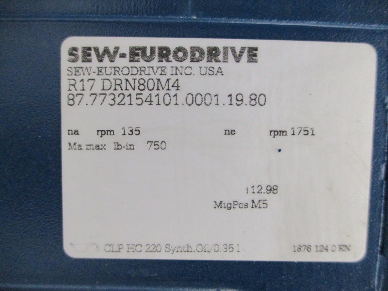 SEW EURODRIVE R17DRN80M4 230/460V 3.10/1.56A NSNP