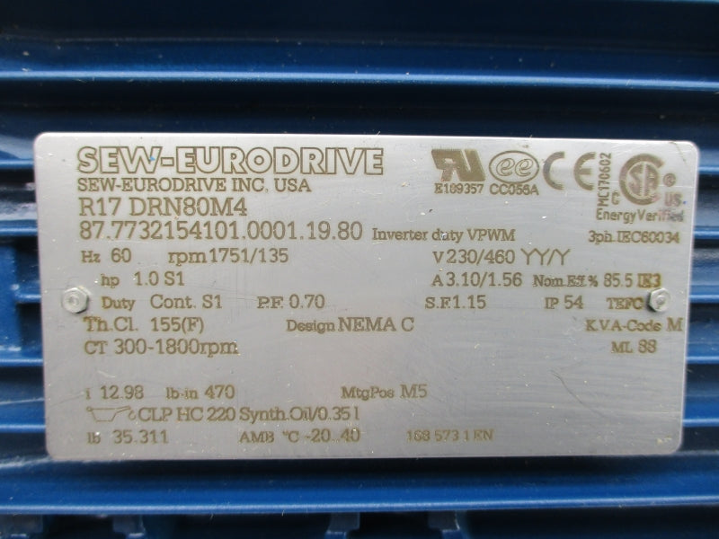 SEW EURODRIVE R17DRN80M4 230/460V 3.10/1.56A NSNP