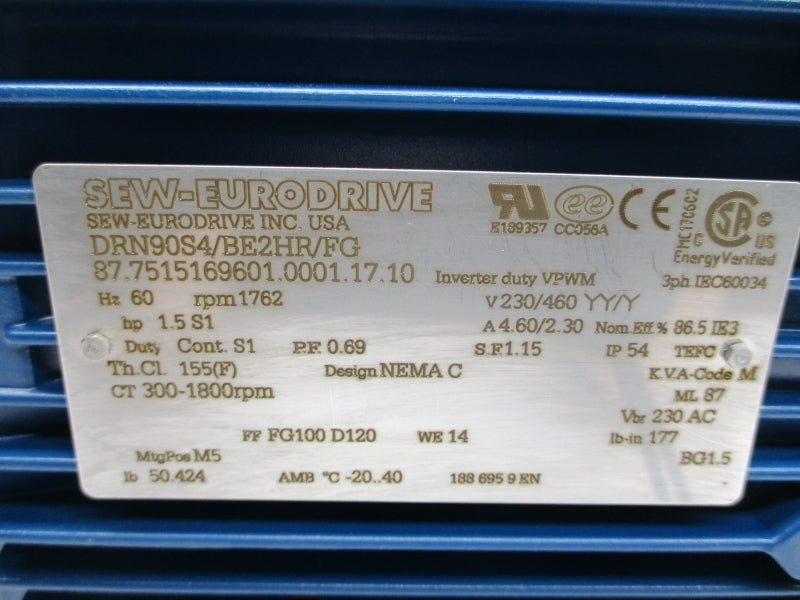 SEW EURODRIVE DRN90S4/BE2HR/FG 230/460V 4.60/2.30A NSNP