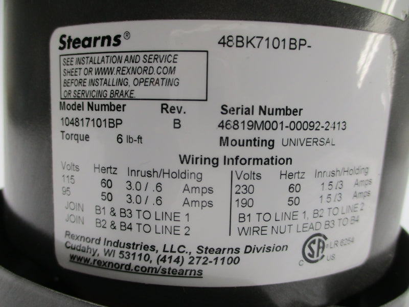 BALDOR VBM3546 W/ STEARNS 104817101BP 208-230/460V 3.7-3.4/1.7A NSNP