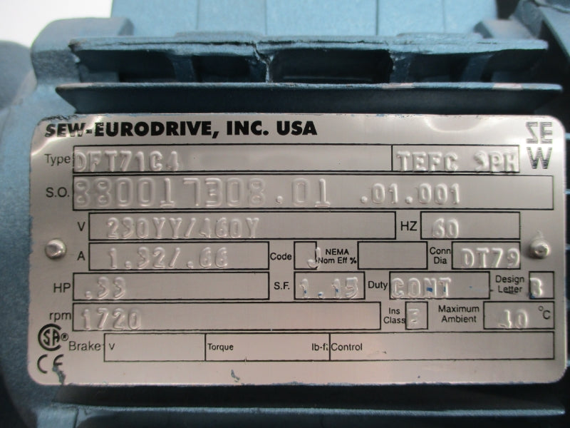 SEW EURODRIVE DFT71C4 230/460V 1.32/.66A NSNP