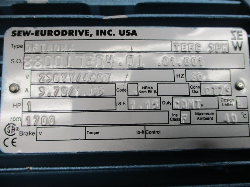 SEW EURODRIVE DFT80N4 230/460V 3.70/1.85A NSNP