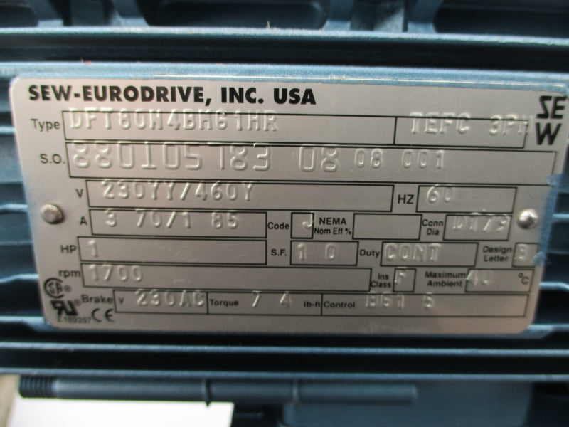 SEW EURODRIVE DFT80N4BM61HR 230/460V 3.70/1.85A NSNP
