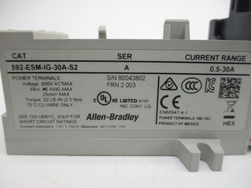 ALLEN BRADLEY 592-ESM-IG-30A-S2 SER. A F/W 2.003 600VAC 0.5-30A (BR/WH) NSMP
