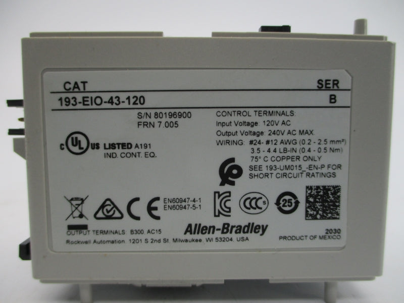 ALLEN BRADLEY 193-EIO-43-120 SER. B F/W 7.005, 120VAC (WH) NSMP
