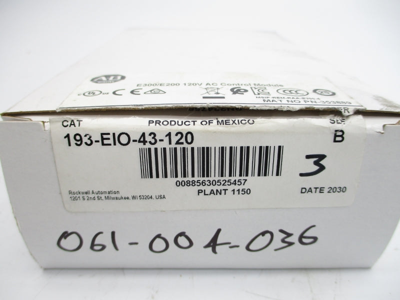 ALLEN BRADLEY 193-EIO-43-120 SER. B F/W 7.005, 120VAC (WH) NSMP