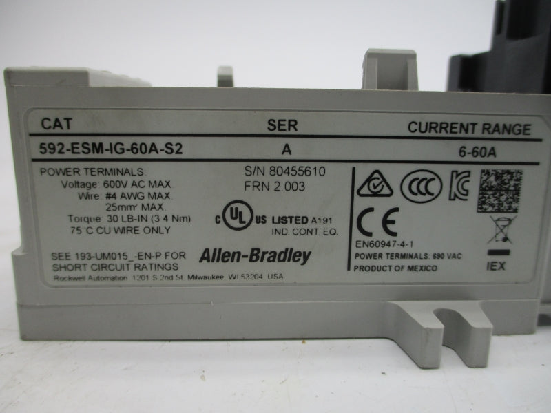 ALLEN BRADLEY 592-ESM-IG-60A-S2 SER. A F/W 2.003 600VAC 6-60A (BR/WH) NSMP