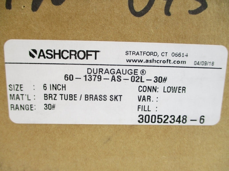 ASHCROFT 60-1379-AS-02L-30# 0-30PSI 6" NSMP